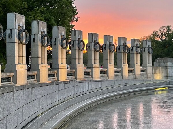 World War II Memorial in Washington DC at sunset hour